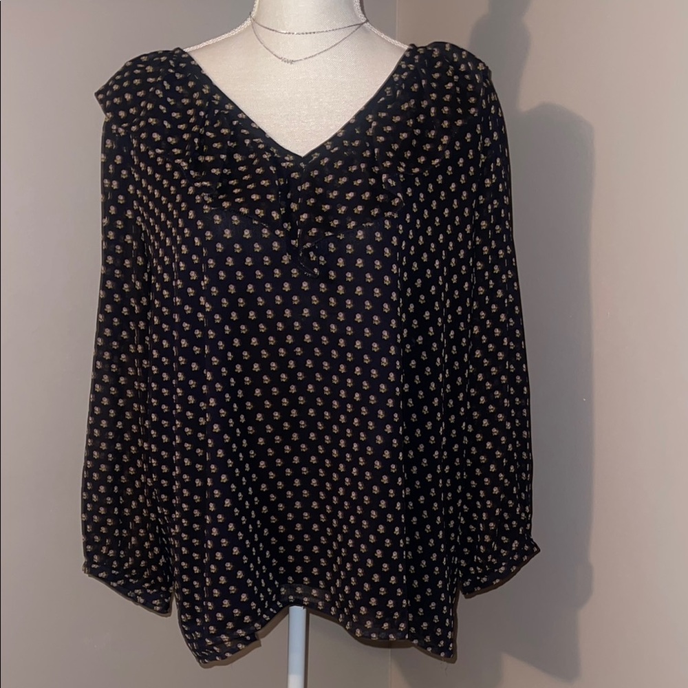 LOFT Navy Puff Sleeve Blouse with Ruffled Style